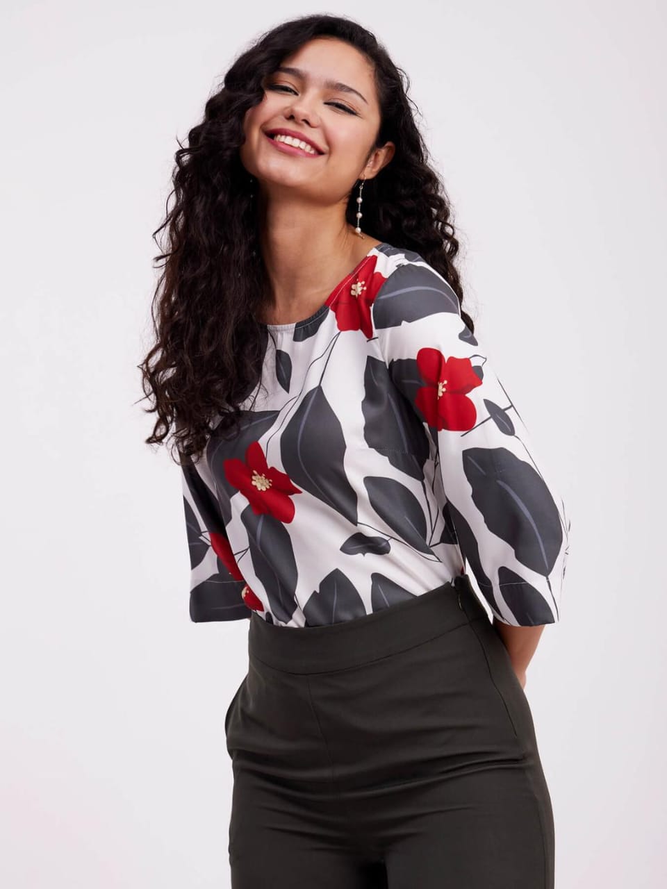 Satin Floral Print Top - Red And Beige