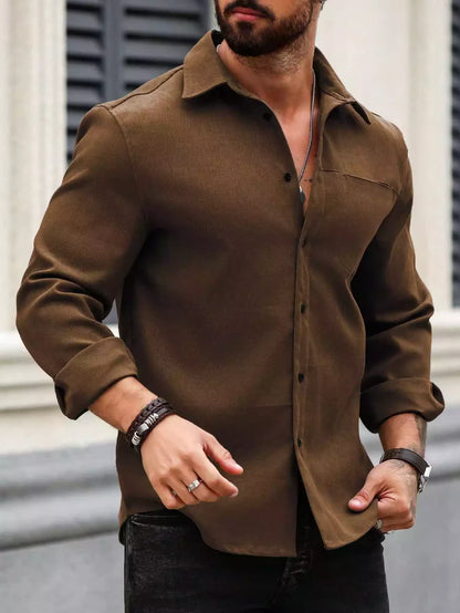 Men Spring And Summer Solid Color Loose Casual Long-Sleeved Shirt Brown Color