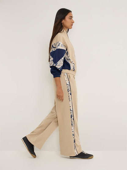 LOV Beige Abstract Design High-Rise Track Pants