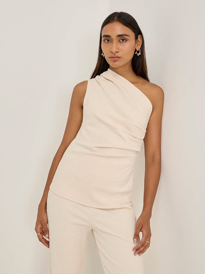 LOV Beige Ribbed-Textured One Shoulder Top