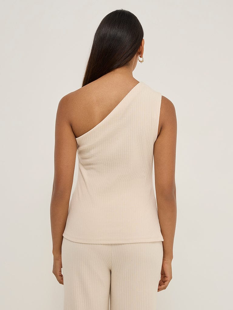 LOV Beige Ribbed-Textured One Shoulder Top