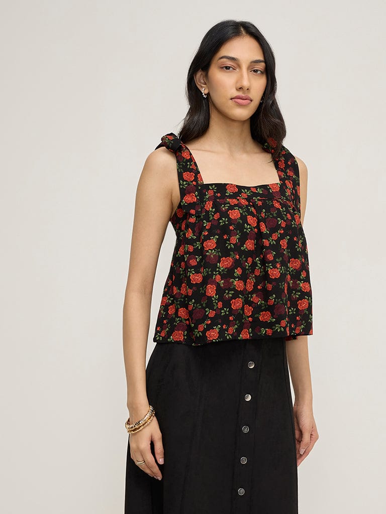 LOV Black Floral Patterned Top