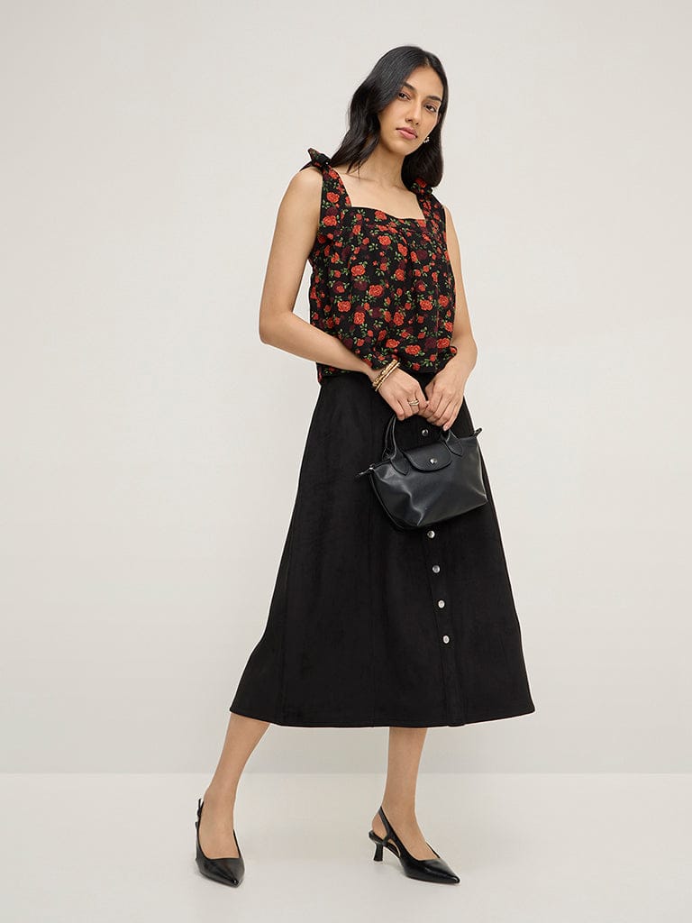 LOV Black Floral Patterned Top