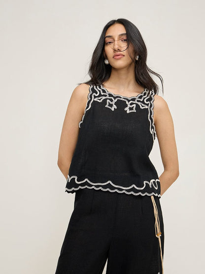 LOV Black Crochet-Detailed Top