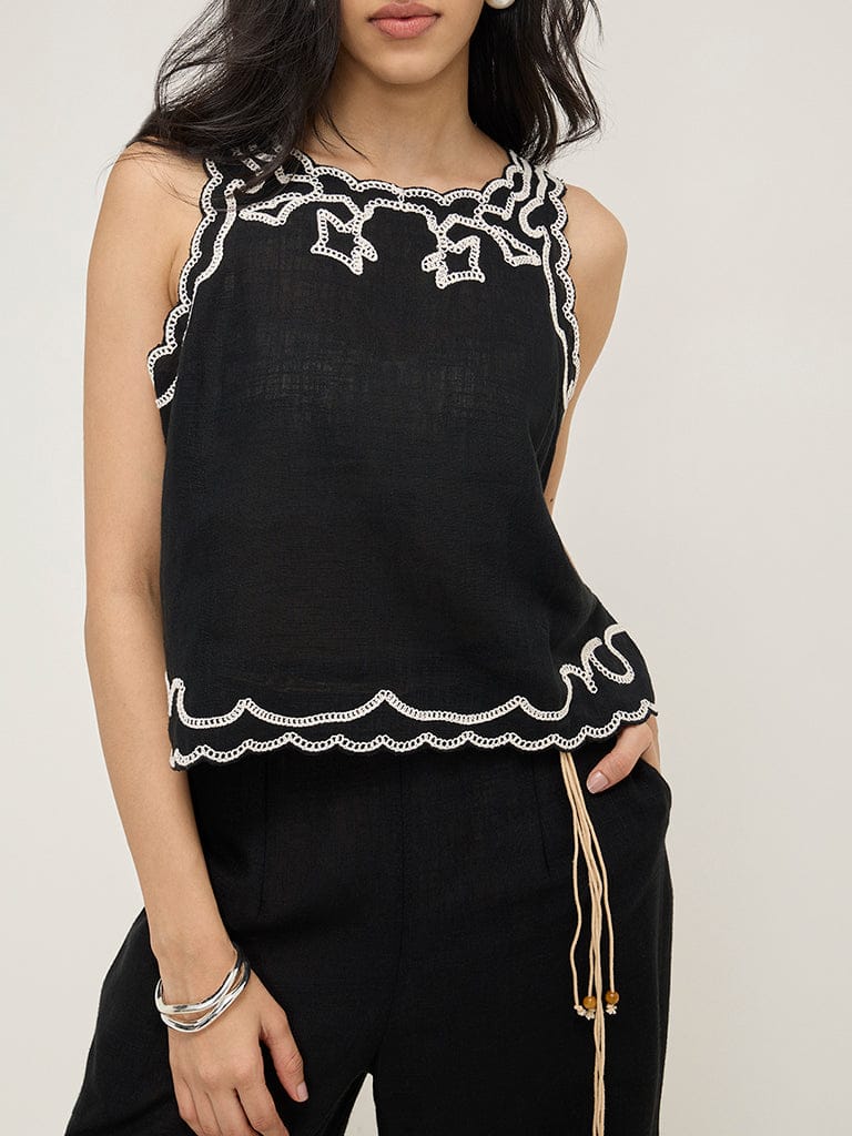 LOV Black Crochet-Detailed Top