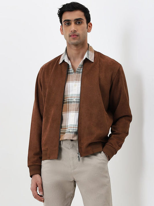 Ascot Brown Faux Suede Relaxed-Fit Bomber Jacket