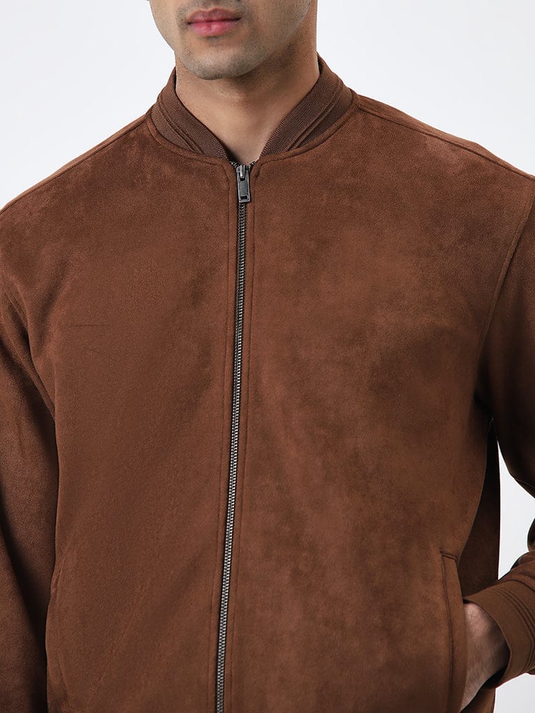 Ascot Brown Faux Suede Relaxed-Fit Bomber Jacket