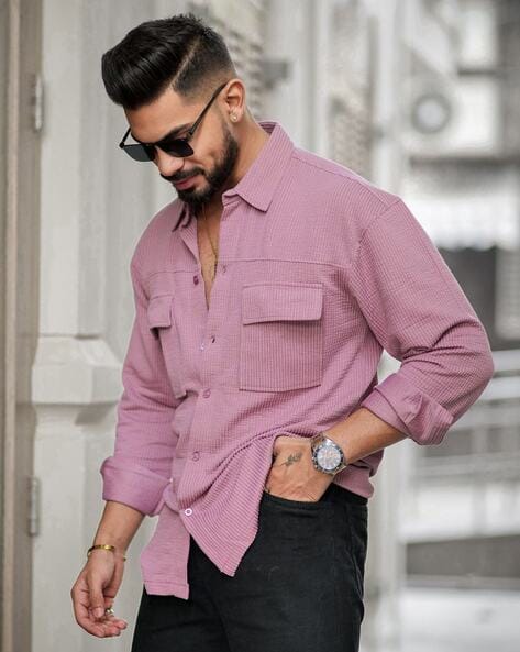 Maniac Men Ribbed Loose Fit Shirt with Flap Pockets