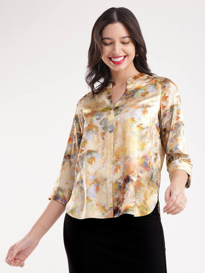 Satin Floral Print Top - Beige