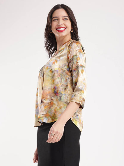 Satin Floral Print Top - Beige