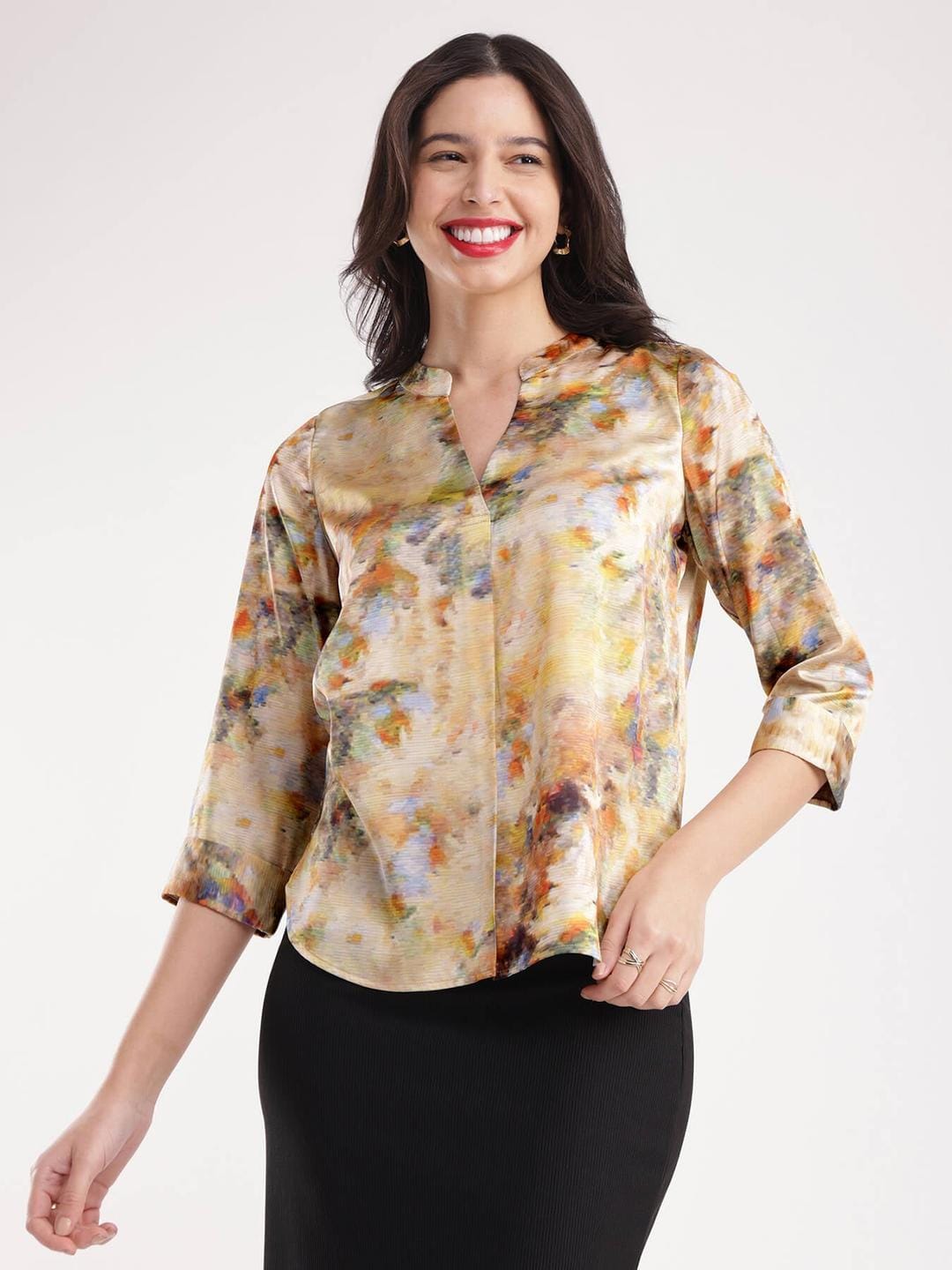 Satin Floral Print Top - Beige