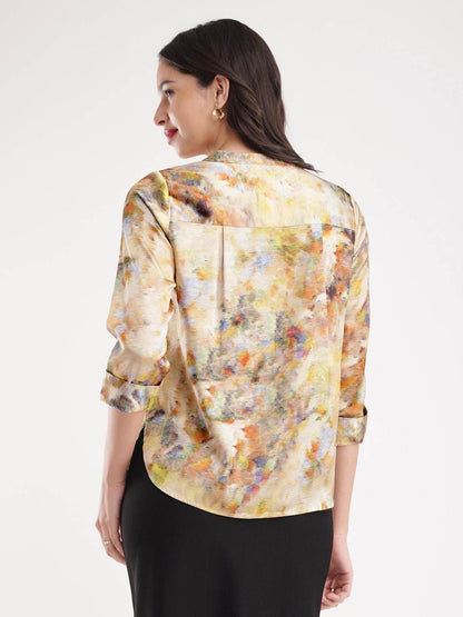 Satin Floral Print Top - Beige