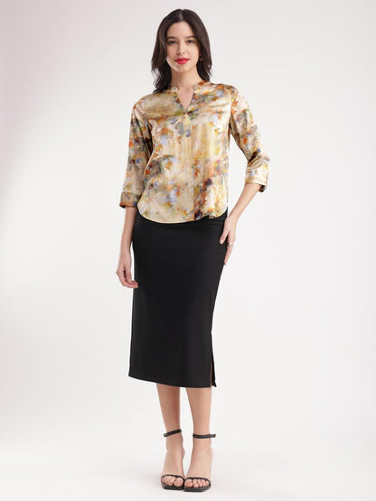 Satin Floral Print Top - Beige