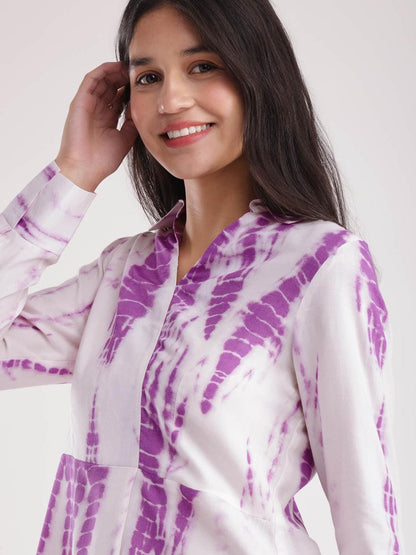 Collared V Neck Top - White And Lavender