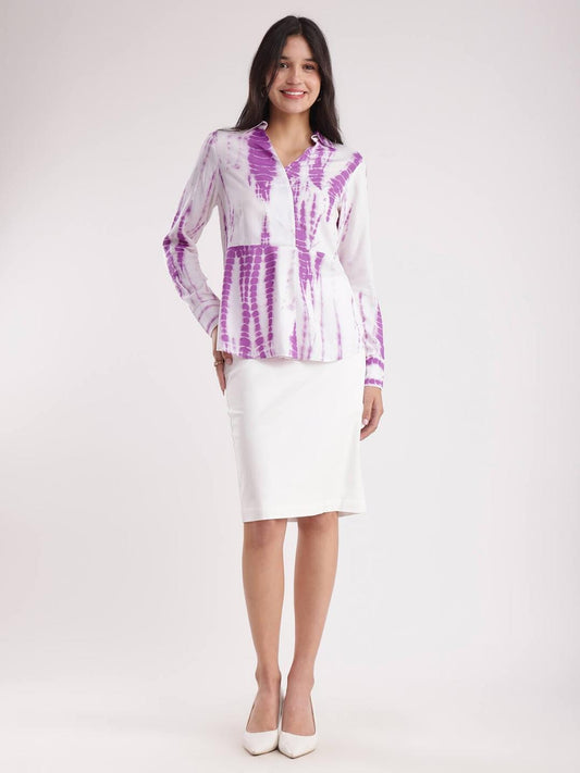 Collared V Neck Top - White And Lavender