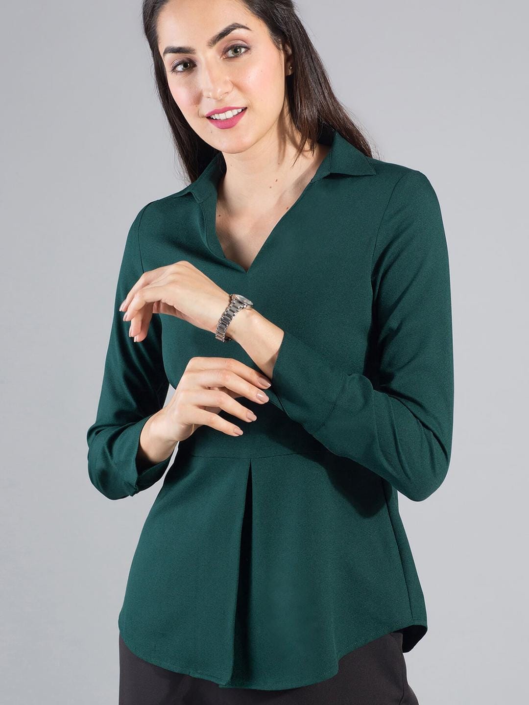 Collared V Neck Full Sleeve Top - Dark Green