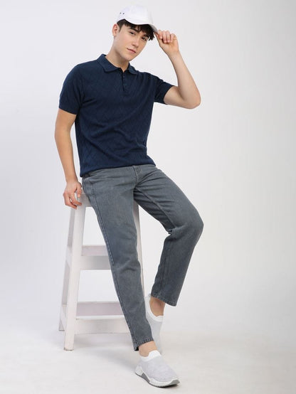 Navy Blue Diamond Textured Flat Knit Polo T-Shirt