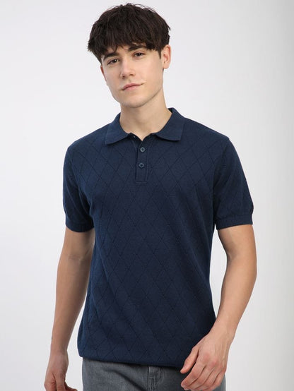 Navy Blue Diamond Textured Flat Knit Polo T-Shirt