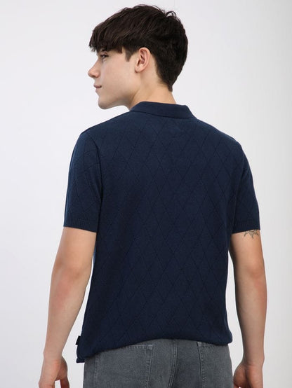 Navy Blue Diamond Textured Flat Knit Polo T-Shirt