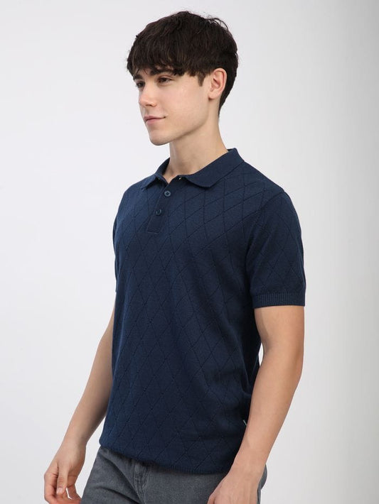 Navy Blue Diamond Textured Flat Knit Polo T-Shirt