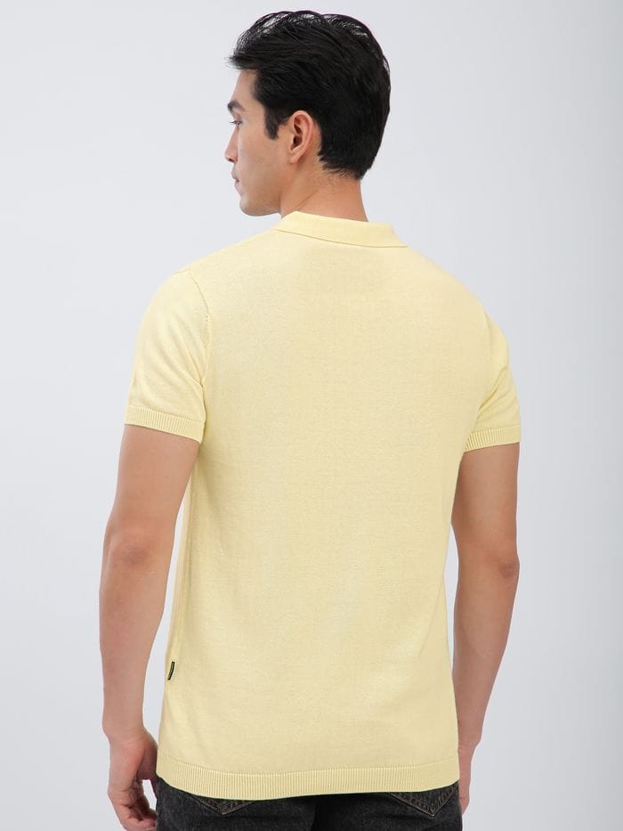 Daffodil Yellow Ribbed Collar Flat Knit Polo T-Shirt