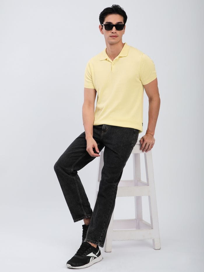 Daffodil Yellow Ribbed Collar Flat Knit Polo T-Shirt