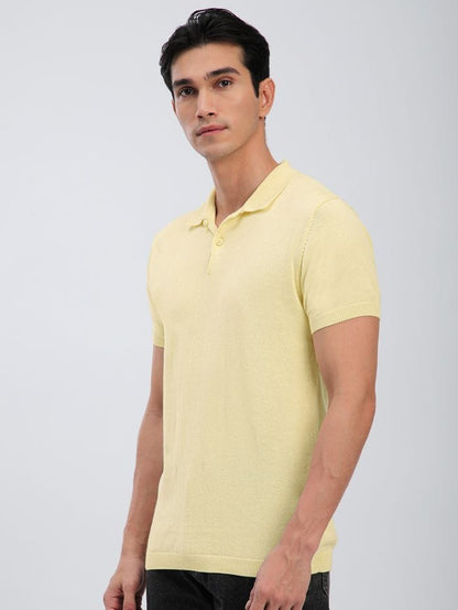 Daffodil Yellow Ribbed Collar Flat Knit Polo T-Shirt