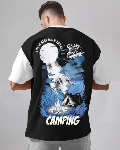 BACK PRINTED Black White Contrast Oversized Drop Shoulder Tshirt