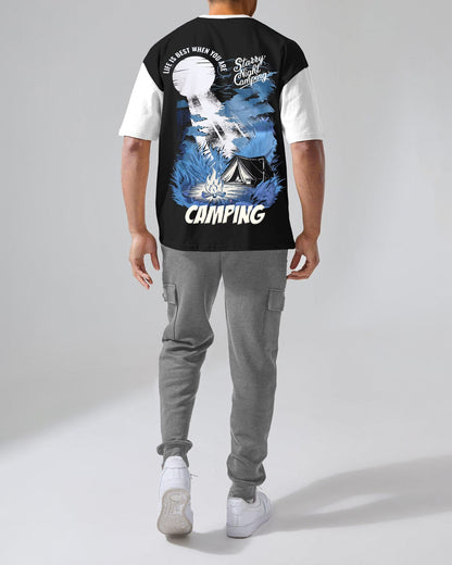 BACK PRINTED Black White Contrast Oversized Drop Shoulder Tshirt