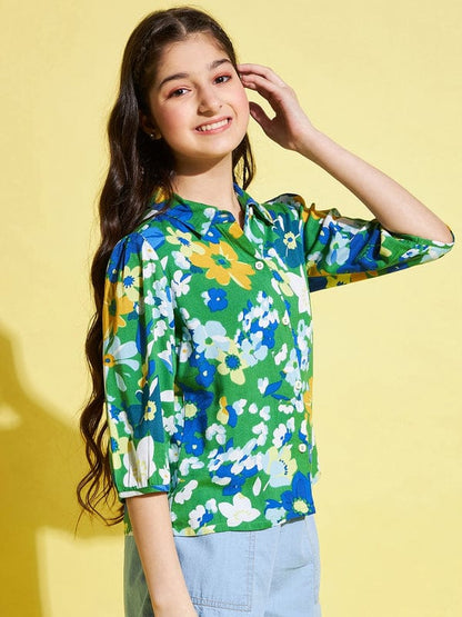 Girls Green Printed Rayon Top-Shirt Top