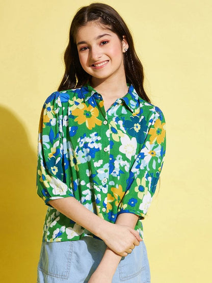 Girls Green Printed Rayon Top-Shirt Top
