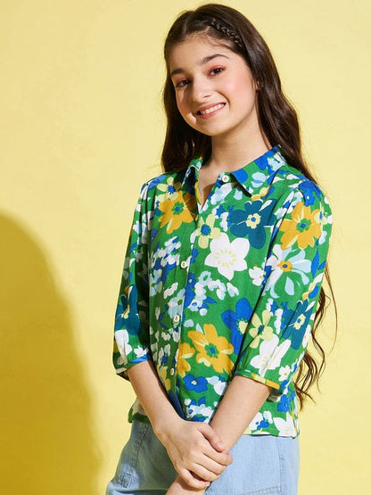 Girls Green Printed Rayon Top-Shirt Top