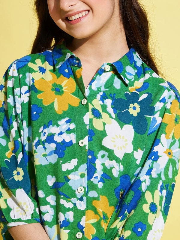 Girls Green Printed Rayon Top-Shirt Top