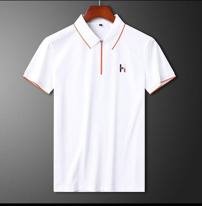 Zipper Polo Knit Half Sleeve White T-shirt