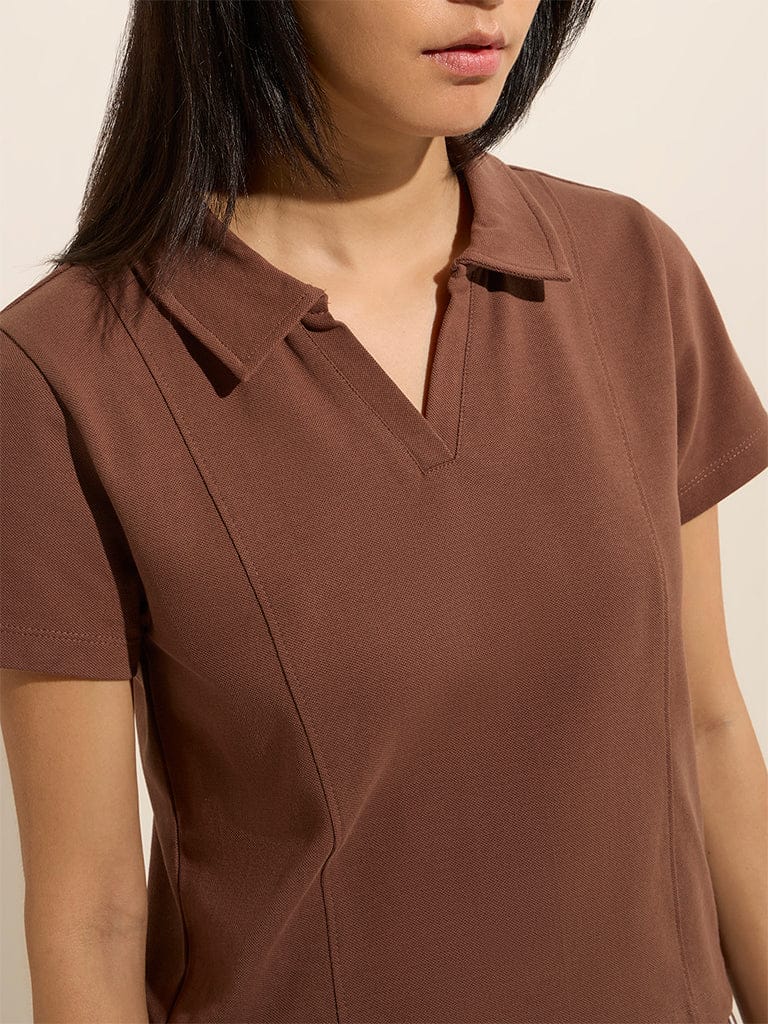 Studiofit  Studiofit Brown Solid Cotton T-Shirt