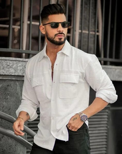 Maniac Men Ribbed Loose Fit Shirt with Flap Pockets