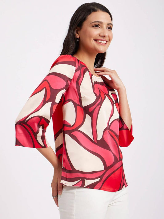 Satin Floral Print Top - Red And Beige